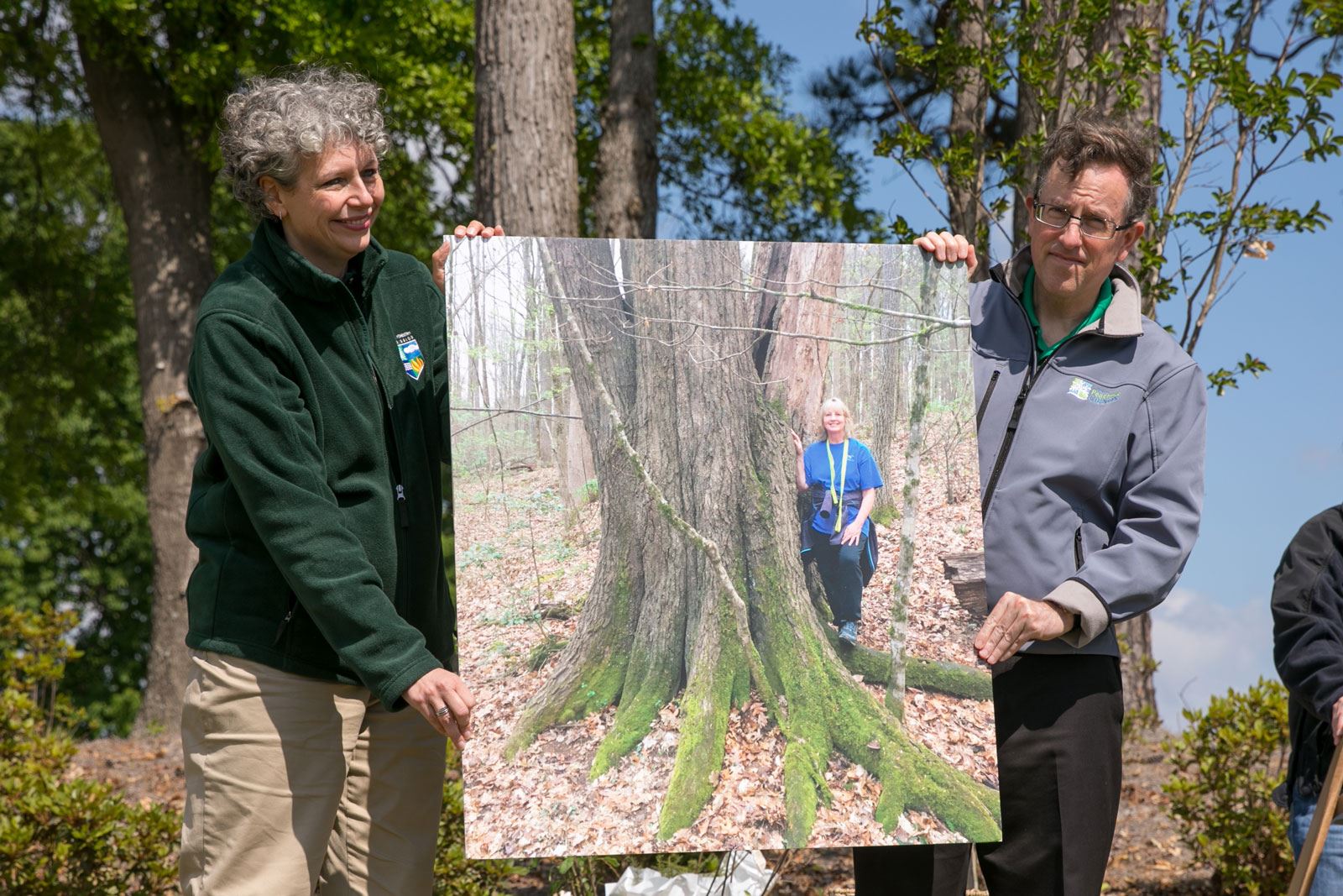 2 People Holding Image of Large Tree