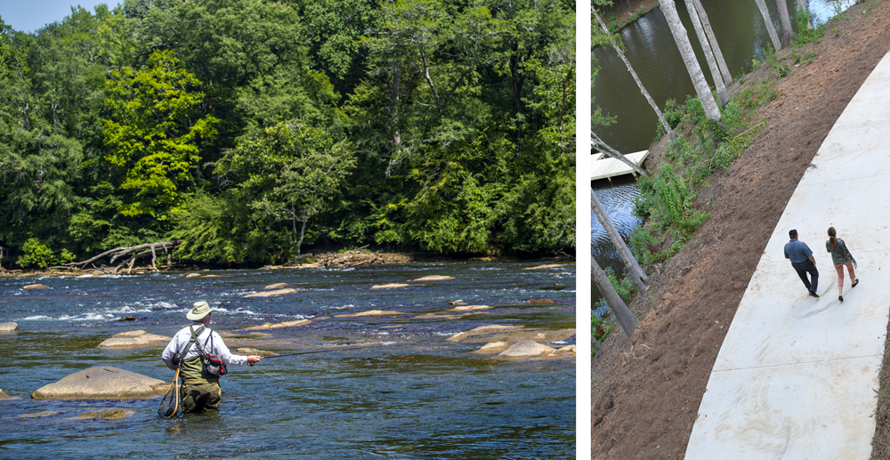 Man Fishing and People Walking